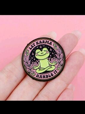 Let Karma Handle It Frog Enamel Pin - Pink & Green